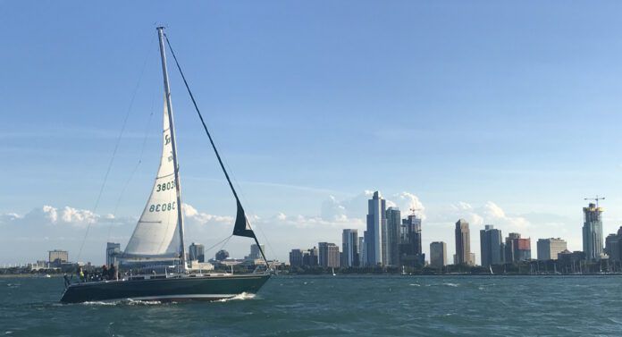 A Sabre 38 Mk I on a classic Chicago windy day in early June. One reef in the main and a fully furled genoa kept her balanced. (Photo/ Nick Van Antwerp)