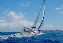 Sailing from Anegada back to Tortola. We were on a catamaran about to overtake this Moorings monohull. (Photo/ Marc Robic)