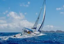 Sailing from Anegada back to Tortola. We were on a catamaran about to overtake this Moorings monohull. (Photo/ Marc Robic)