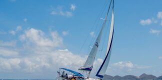 Sailing from Anegada back to Tortola. We were on a catamaran about to overtake this Moorings monohull. (Photo/ Marc Robic)