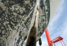 Although the cause of this delaminated rudder is unknown, In most cases the delamination comes with age. Also, a small nick from hitting a rock or coral will let water in and, if not attended too, the delamination will worsen in time. (Photo/ Ray Ville)