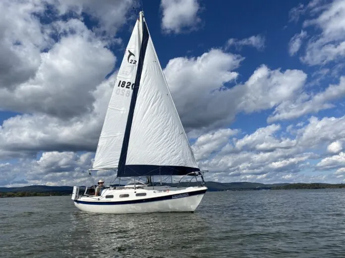 The author’s Tanzer 22 Ardmore sailing in light air on the Haverstraw Bay stretch of the Hudson River. The aged genoa’s wrinkling was due, in part, to a low-cost roller reefing system that was later replaced. (Photo/ Doug Henschen)